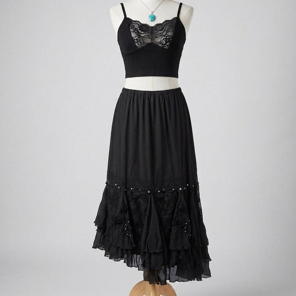 Deadstock Y2K Anis.A flowy black maxi skirt lace + beading whimsygoth boho - Picture 1 of 8